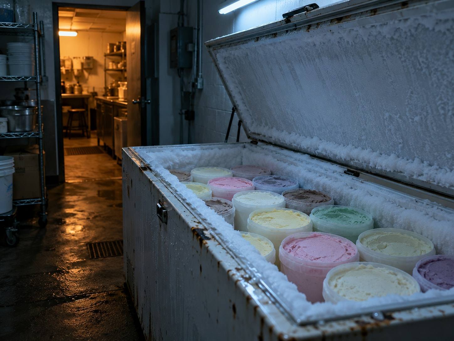 Congelador horizontal abierto y lleno de escarcha, con potes de helado de colores, en la trastienda de una heladería