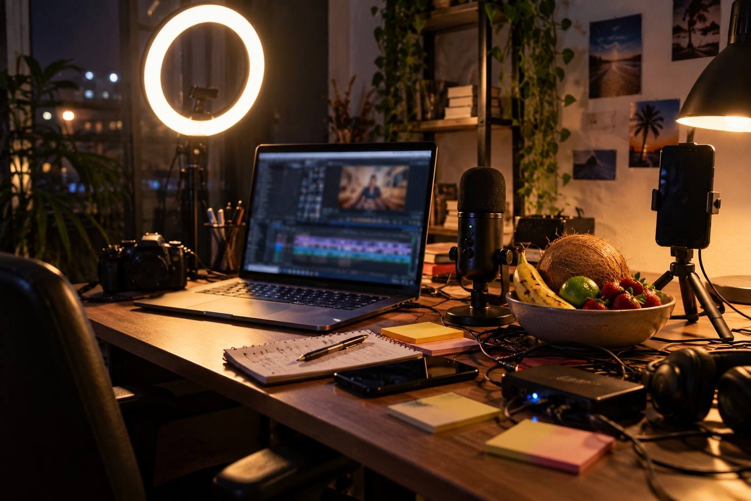 Escritorio de un creador de contenido de noche, con una laptop editando video, aro de luz, micrófono, celular en trípode y un frutero con coco, plátano y fresas