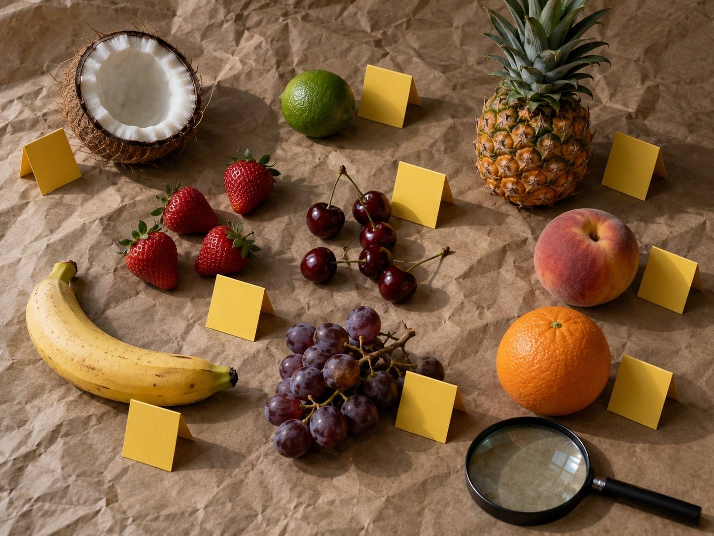 Medio coco, una lima, fresas, cerezas, un plátano, una piña, uvas, un durazno y una naranja sobre papel kraft arrugado, con marcadores amarillos de evidencia y una lupa