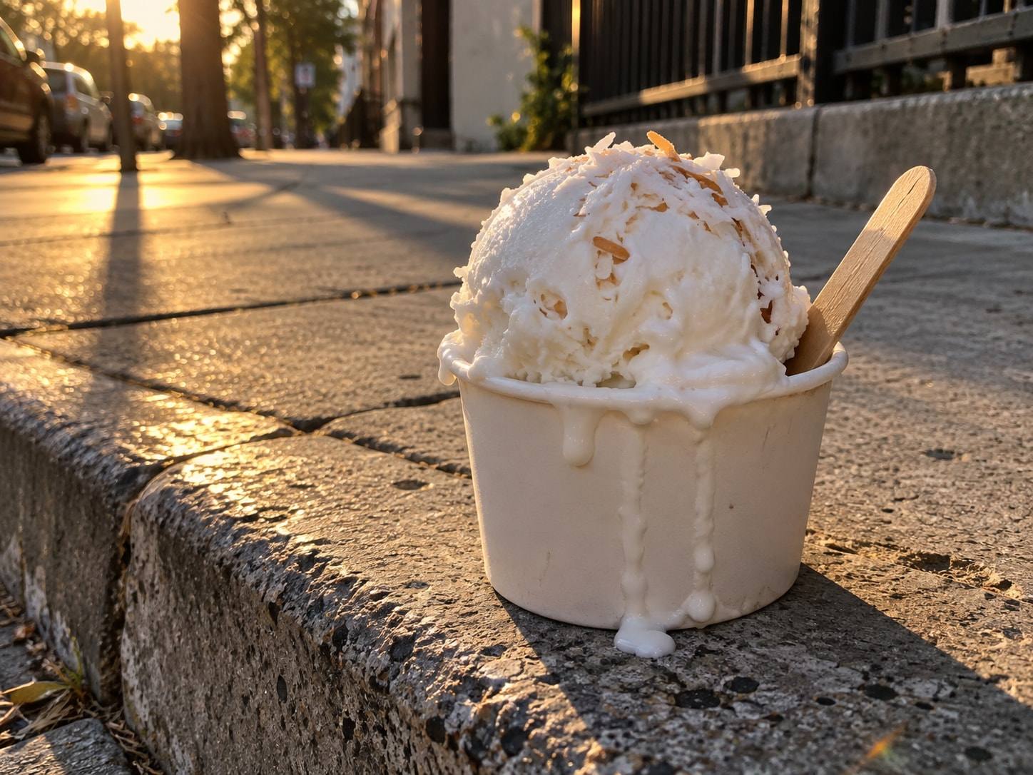 Helado de coco derritiéndose en un vaso de papel sobre el borde de una vereda, con luz de atardecer