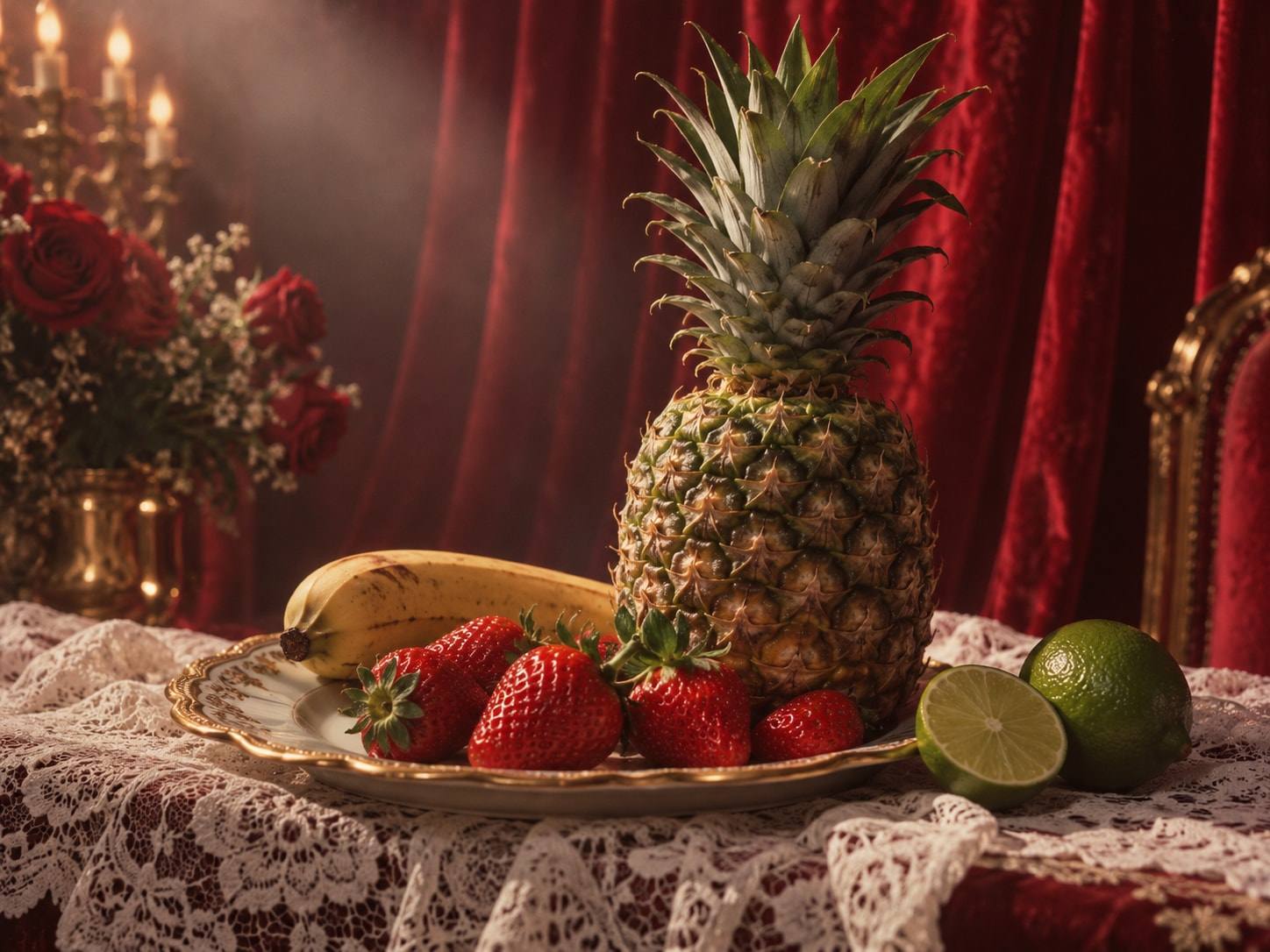 Piña, plátano, fresas y limas sobre un plato de borde dorado y un mantel de encaje, con cortinas de terciopelo rojo y velas, como en un set de telenovela